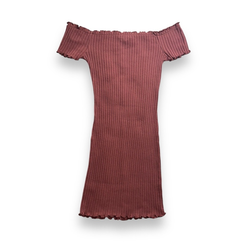 NWOT Love Tree Off-Shoulder Ribbed Knit Bodycon Mini Dress Rust Red, Size M - Picture 3 of 6